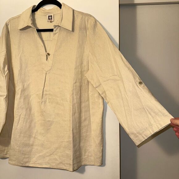 Anne Klein XL Linen Beige Sparkle V Neck Collared Pullover Blouse NWOT - Picture 4 of 13
